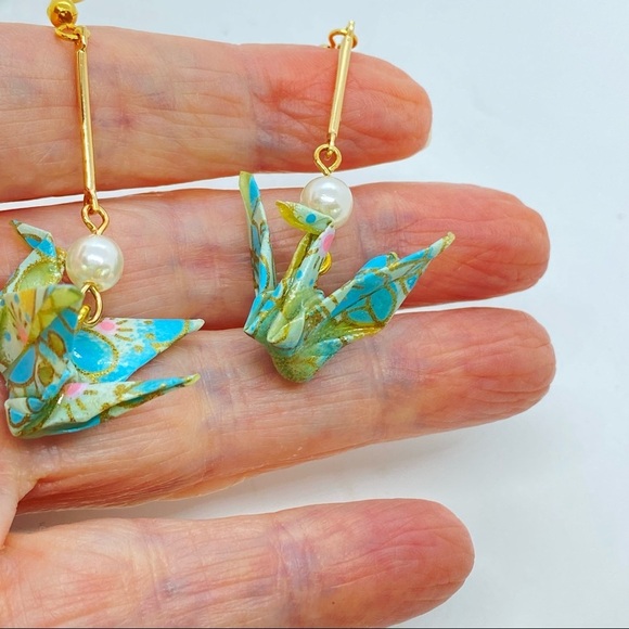 Handcrafted Paper Peace Crane Earrings - Picture 5 of 7